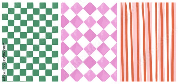 Fototapeta Hand-painted background Set of gingham, stripe and checkered pattern.  Backdrop for wedding invite, poster, social media, banner templates . 