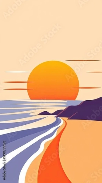 Fototapeta Bright orange sun sets over a calm sea casting colorful reflections on waves while a smooth coastline curves in the foreground creating a serene atmosphere
