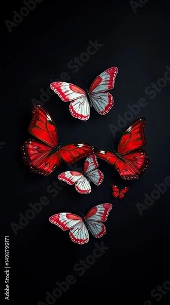 Fototapeta Five vibrant red butterflies with white patterns are arranged in different sizes against a dark backdrop showcasing natures intricate details and colors