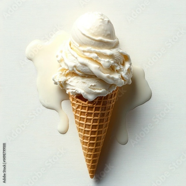 Obraz melting vanilla ice cream scoop in a waffle cone with creamy drips on a light background