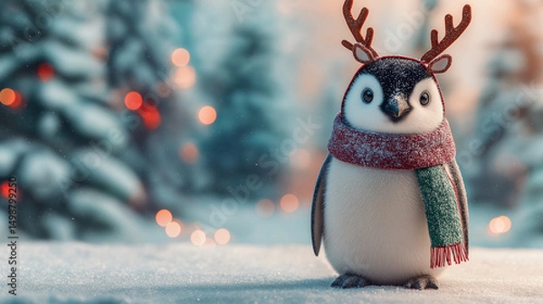 Obraz Cute Penguin with Scarf and Antlers