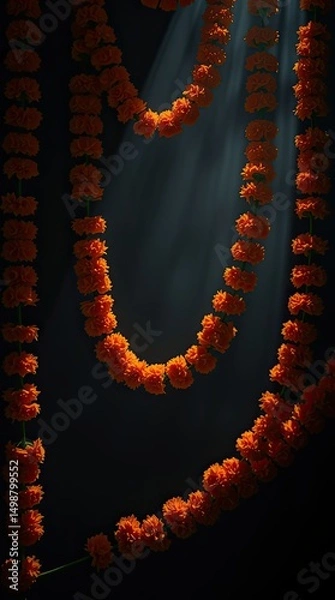 Obraz Marigold garlands hang elegantly in a dimly lit area casting vibrant orange hues while soft beams of light create a festive atmosphere during evening festivities