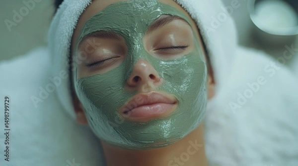 Obraz Close-up of a woman with a green facial mask and a white towel headband relaxing with closed eyes during a skincare treatment