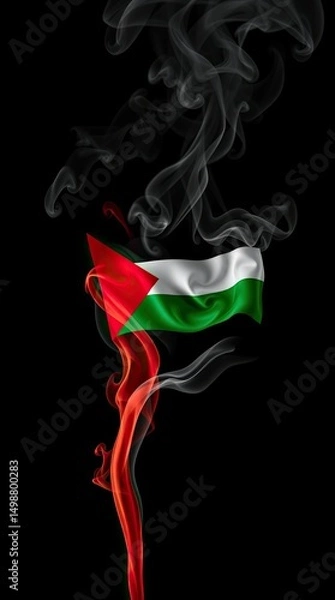 Obraz Smoke swirls and twists forming a striking depiction of the Palestinian flag with vibrant colors on a contrasting black backdrop