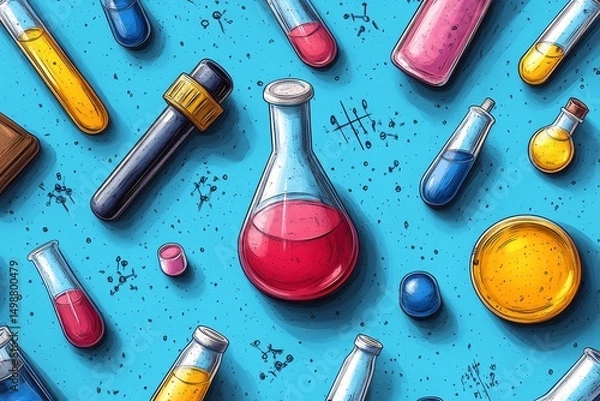 Fototapeta Colorful lab glassware, science experiment,  background doodles, educational resource