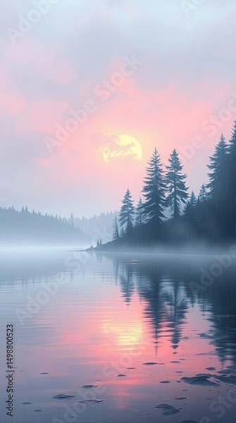 Obraz Calm waters of a lake reflect the colorful sunset while silhouettes of trees line the shore and mist hangs in the air creating a serene atmosphere