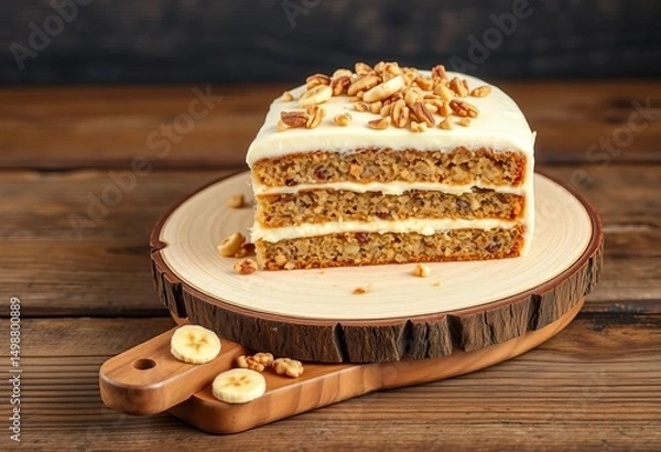 Obraz Rustic wooden board holds a layered banana nut cake, cream cheese frosting, and chopped nuts, food photography, cream cheese frosting