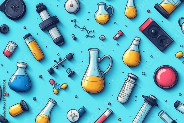 Fototapeta Science lab equipment flat lay, colorful background, research