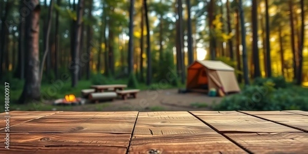 Obraz Rustic wood table in foreground, blurred forest campsite background, wilderness, woods