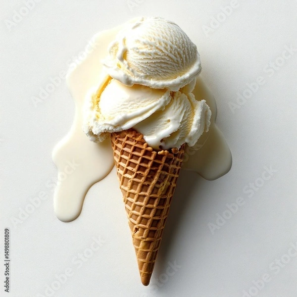 Obraz Vanilla ice cream scoops melting on a crispy waffle cone with creamy drips on a white background evoking a warm, summery feeling