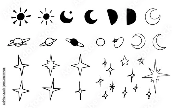 Fototapeta 手書きの月や太陽・天体のイラストセット(モノクロ)