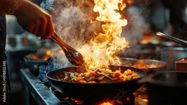 Obraz Culinary Fire Dance: A Chef's Passion in a Wok of Flavors