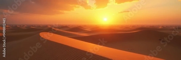 Fototapeta Golden sun dips below horizon, casting long shadows on sand dunes, dune, shore