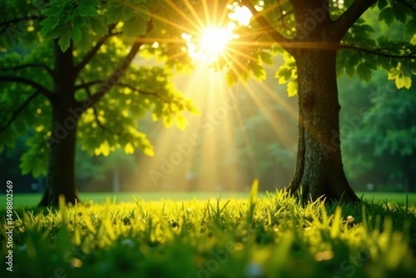 Fototapeta Golden sunlight filters through lush green canopy, creating radiant highlights , shadow, canopy