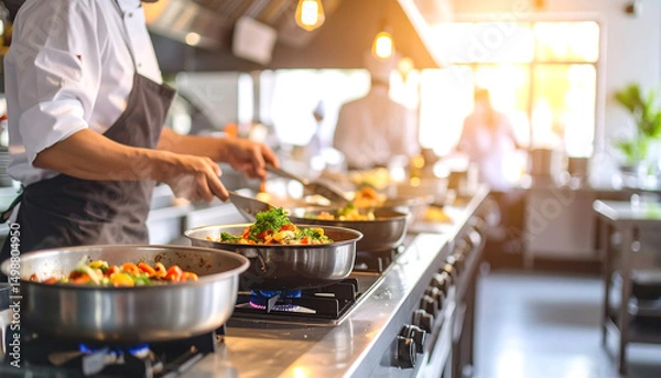 Fototapeta A chef in a professional kitchen cooking food in pans on a stove line with sunlight streaming in.