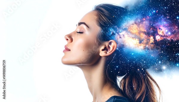 Fototapeta A woman's profile with closed eyes and a vibrant cosmic explosion of stars and nebulas emanating from her head, symbolizing imagination or consciousness.