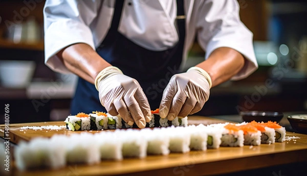 Fototapeta Chef's gloved hands carefully topping rows of fresh sushi rolls with bright orange roe on a wooden board in a kitchen.