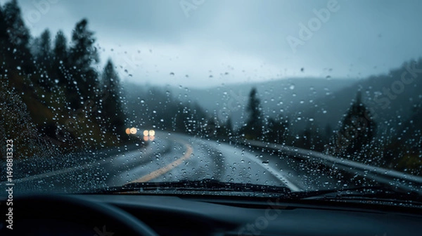 Fototapeta Clear View Through Windshield with Wipers During Heavy Rain on Scenic Road Surrounded by Nature
