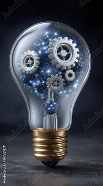 Obraz Inside the Idea: A lightbulb glows with gears and networking lights, representing the inner workings of innovation and technology.