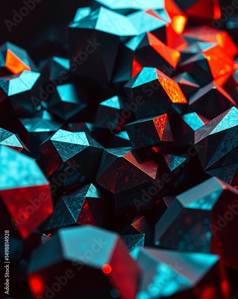 Obraz Abstract geometric structures reflect teal and red light, creating a modern aesthetic.