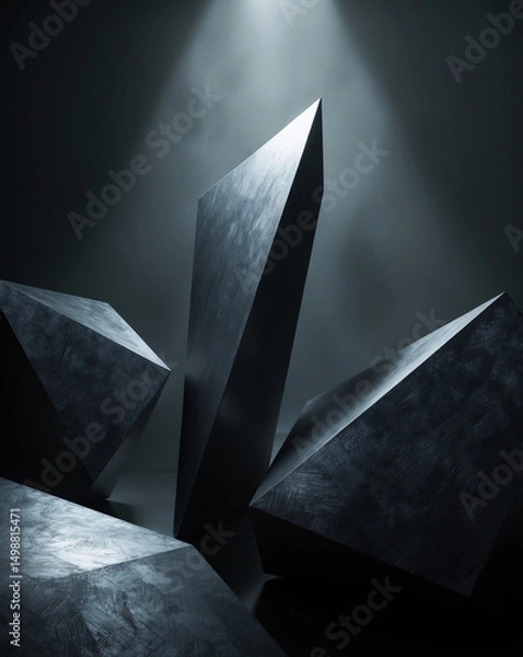 Obraz Abstract polygonal monoliths against a dark background bathed in an overhead light.
