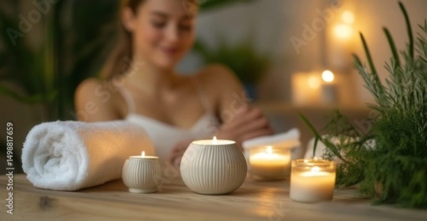 Fototapeta A Relaxing Spa Setting Featuring a Young Woman Enjoying a Tranquil Environment with Candles, Towels, and Natural Elements for Ultimate Relaxation and Self-Care