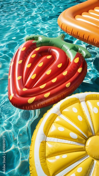 Obraz Summer vacation, travel tourism concept. Colorful inflatable floats in a turquoise rippling water. Red, yellow and orange colors. Generated image.