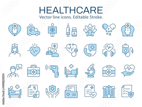 Obraz Healthcare icons, such as medicine, care, doctor, treatment and more. Vector illustration isolated on white. Editable stroke. Change to any size and any color.