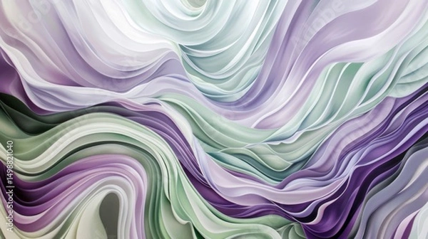 Fototapeta A mesmerizing illusion of layered, ribbon-like corporate lines in soft hues of purple, green, and white, moving gracefully over a modern, neutral backdrop, evoking fluidity and transformation 