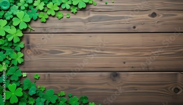 Fototapeta St Patricks Day Banner with Handmade Paper Button Shamrocks on Rustic Wood Background Top View with Copy Space