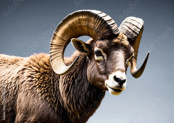 Obraz  Close Up Of A Large Ram With Curled Horns Facing Camera With Dark Background