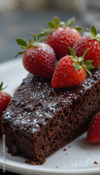 Fototapeta Chocolate cake slice topped with fresh strawberries on a plate