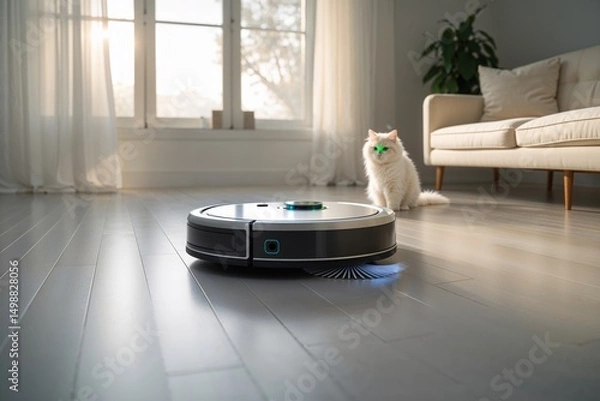Obraz Robot Vacuum Cleaner Navigating in Modern Living Room with Cat