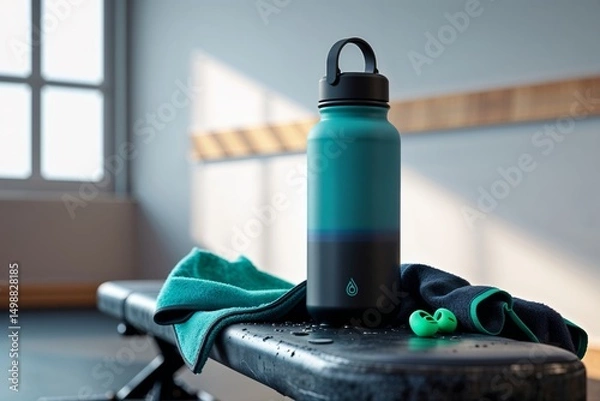 Obraz Stylish Water Bottle on Gym Bench with Headphones and Towel