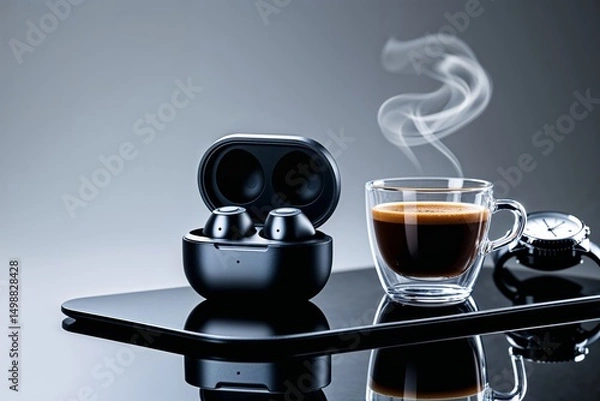 Obraz Modern Wireless Earbuds with Coffee and Wristwatch on a Table