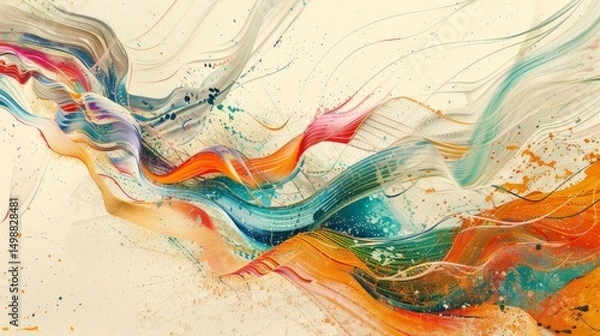 Fototapeta A vibrant collision of overlapping, multicolored business lines forming an abstract wave over a light, ethereal background, embodying energy and fluidity, 