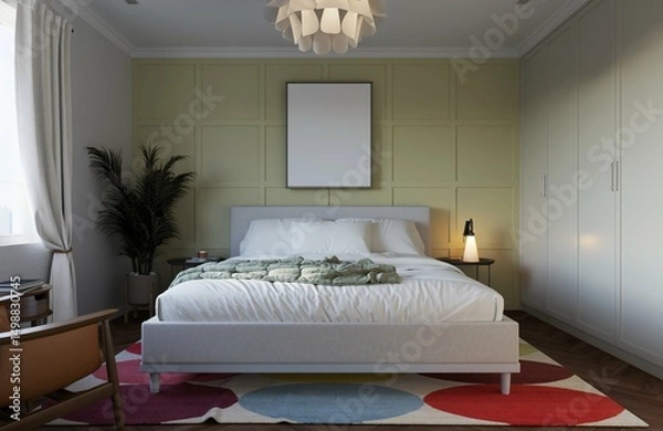 Obraz calm tone teenager bedroom with queen size bed and a mockup poster frame on the wall. 3d illustration