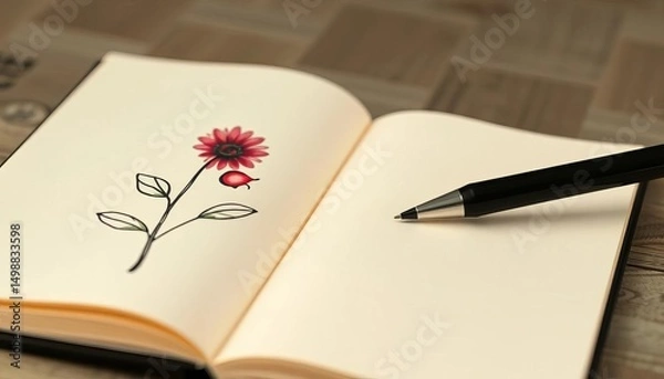 Obraz Cream notebook, black pen, delicate plant sketch; open pages, nature, pen