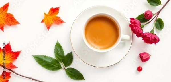 Obraz Overhead view of a coffee cup and saucer on white background , drinkware, design