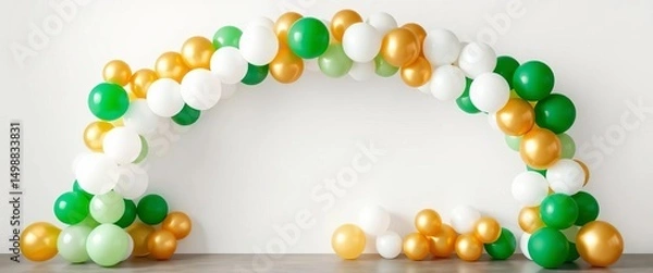 Obraz Elegant arch of white gold & green balloons against a pure white backdrop, wedding, summer