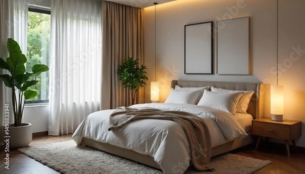 Obraz Serene bedroom interior, perfect for restful sleep Soft lighting, plush bedding, and calming decor create a tranquil atmosphere conducive to relaxation and rejuvenation , sleep, minimalist, serene