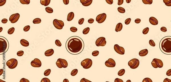 Obraz Seamless coffee bean and cup pattern; light brown tones, vector illustration, coffee beans background, espresso