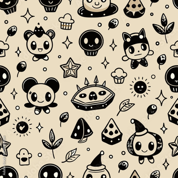 Fototapeta Cute seamless cartoon vector pattern with fun baby cats and birds
