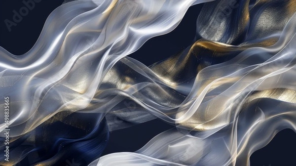 Fototapeta Wispy, flowing business lines in translucent gold and silver cascading over a rich, deep navy background, representing professionalism and prestige, 