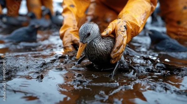 Fototapeta Oil Spill Bird Rescue: Hands in protective gear gently cradle an oiled bird, symbolizing the urgent effort to mitigate the devastating effects of pollution on vulnerable wildlife.