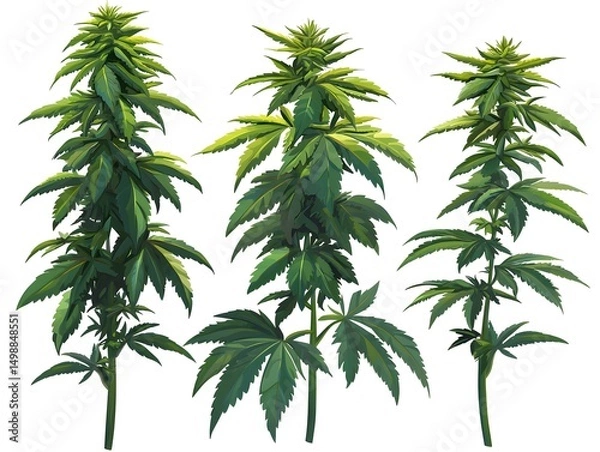 Fototapeta Detailed illustration of three vibrant cannabis plants with lush green leaves and distinctive flowe tops, showcasing healthy growth and plant structure