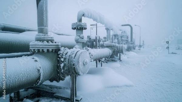 Fototapeta Frozen Infrastructure: A captivating view of industrial pipelines and infrastructure heavily coated with snow and ice, the harsh elements emphasizing the cold, a scene of arctic engineering.