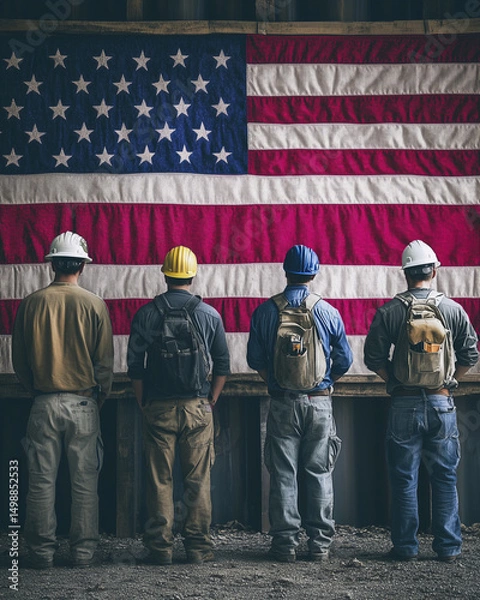 Fototapeta Construction workers standing in front of American flag in tribute