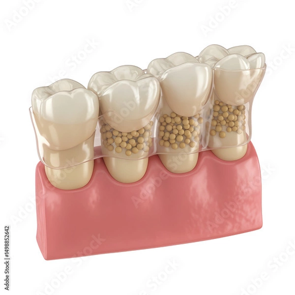 Fototapeta Transparent aligner covering teeth showing granules on transparent background
