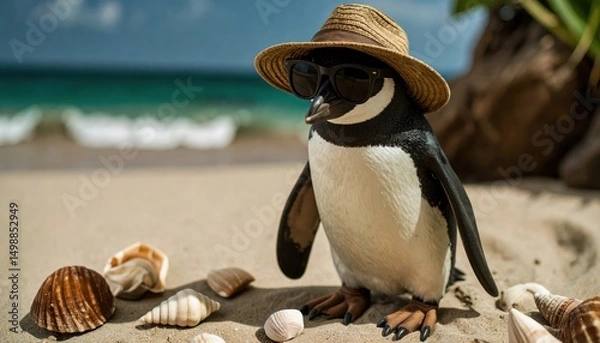 Obraz Relaxed Penguin at Beach Wearing Sunglasses and Summer Hat